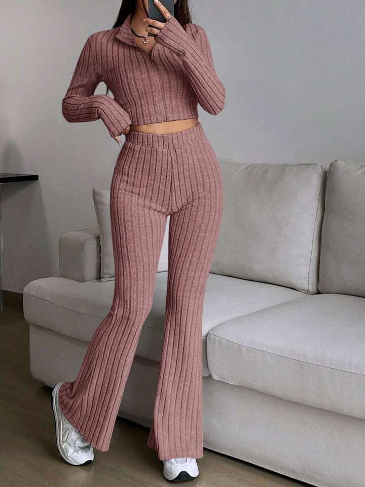 Fashionable Solid-Color Ribbed Two-Piece Set Zip-Up Long-Sleeve Cropped Top And High-Waist Flare Pants Suit