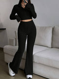 Fashionable Solid-Color Ribbed Two-Piece Set Zip-Up Long-Sleeve Cropped Top And High-Waist Flare Pants Suit